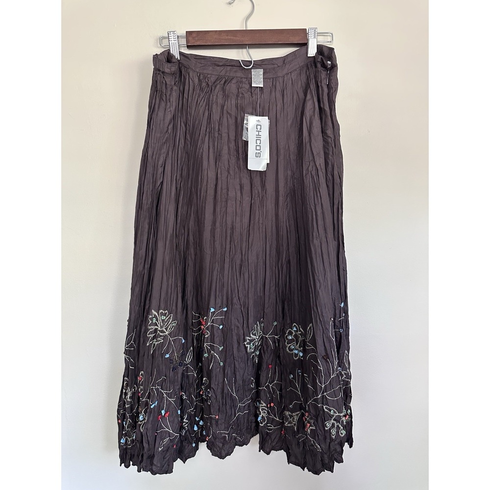 NWT Chico's 100% Silk Skirt Boho Beaded Embellished Embroidered Midi Size 2 / XL